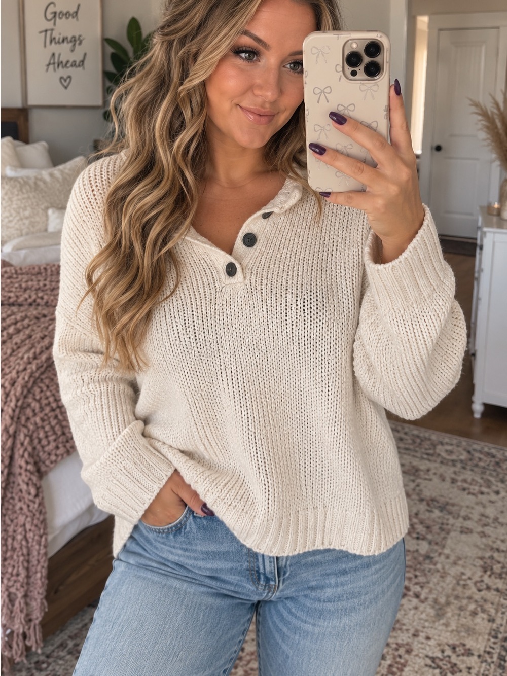 American Eagle Cream Open Knit Henley Sweater